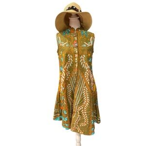 BATIK SENOPATI S olive multicoloured pockets sleeveless A line dress life motif